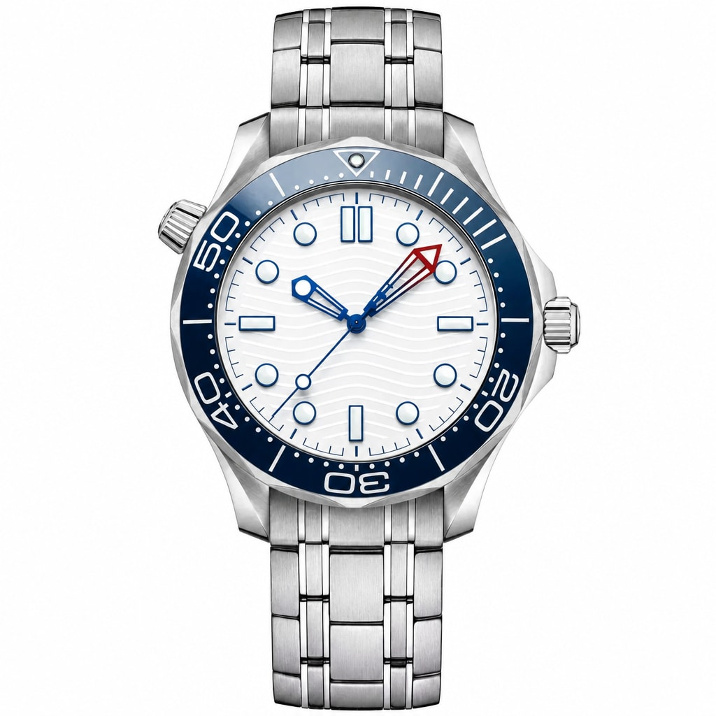 Diver Style Watch with White Dial and Blue Accents 42mm
