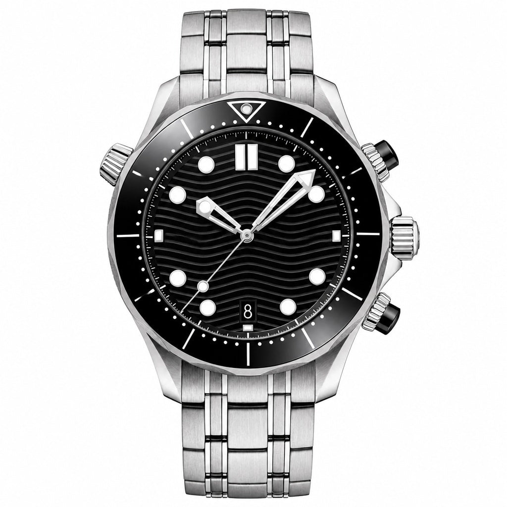 Diver Style Watch with Black Dial and Metal Bracelet