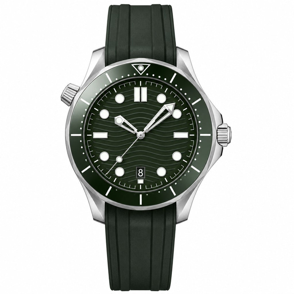 Diver Style Watch with Dark Green Dial and Rubber Strap 42mm