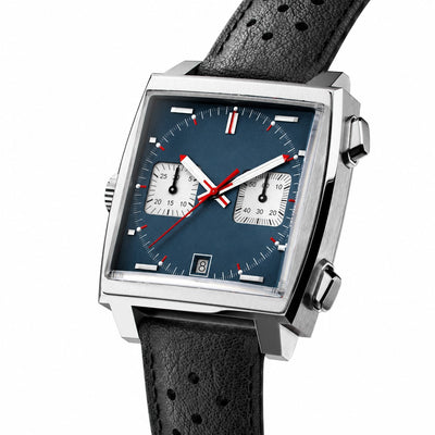 Chronograph Racing Style Watch with Blue Dial and Black Leather Strap
